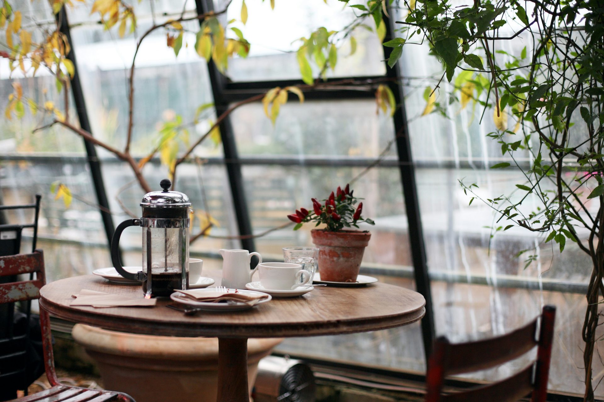 Table ronde en bois marron avec une cafetière à piston dessus et une tasse à thé en céramique blanche à côté.